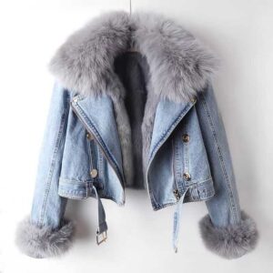 Women's Short Top Party Jacket Removable Imitation Fox Fur Rabbit Fur Liner Denim Jacket - Damenbekleidung