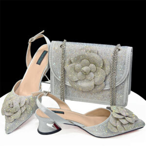 Women's Elegant Pointed Toe Heels With Floral Embellished Square Shoulder Bag – Princess Style Shoe & Bag Set For Formal O...