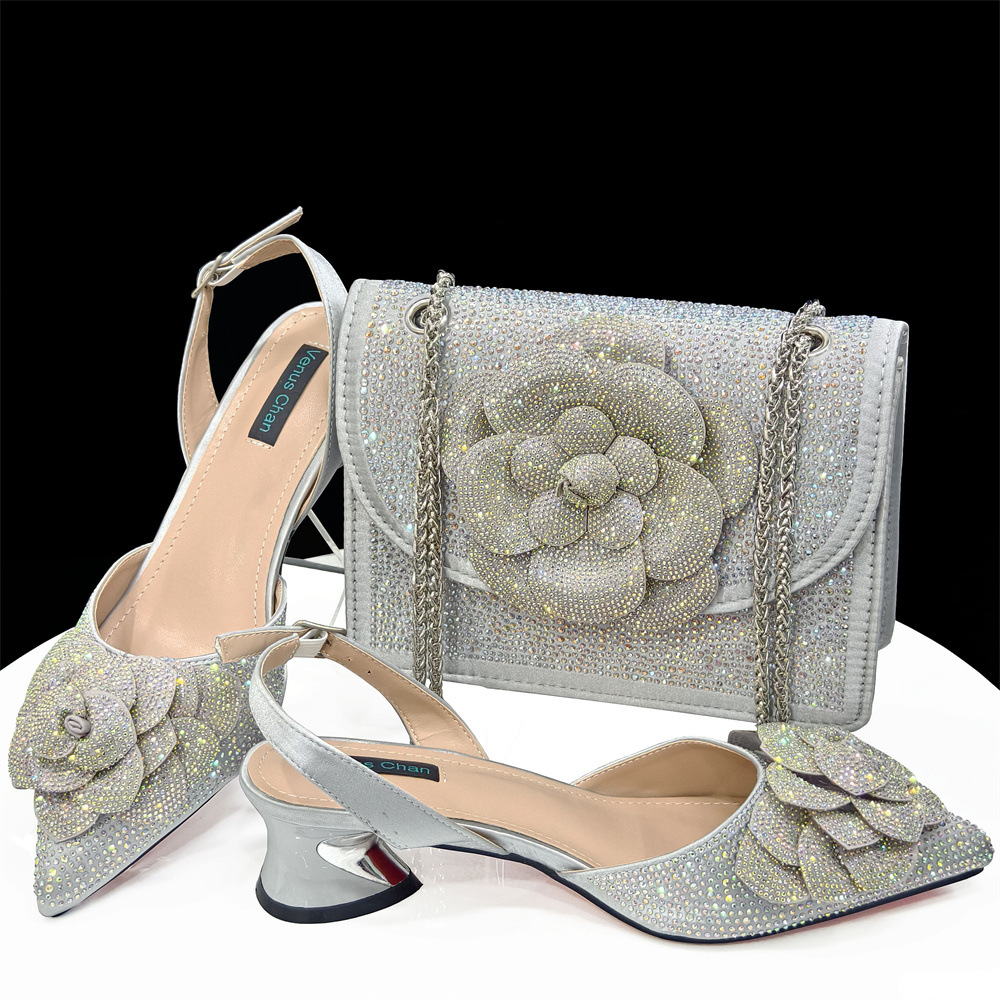 Women's Elegant Pointed Toe Heels With Floral Embellished Square Shoulder Bag – Princess Style Shoe & Bag Set For Formal O...