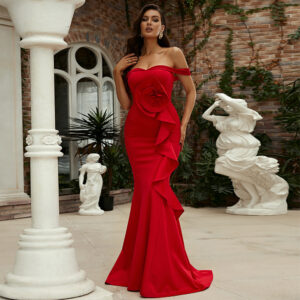 Women's Clothing One Word Collar Sleeveless Temperament Slim Long Section Solid Color Banquet Bridesmaid Dress Evening Dre...
