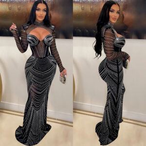 Women's Solid Color Hot Diamond Mesh Long-sleeved V-neck Dress For Women - Damenbekleidung | Technik & Gadgets