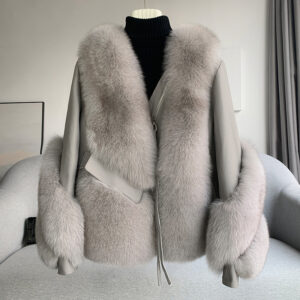 ​​Women’s Short Shearling & Fox Fur Coat – Genuine Leather Outer With Luxe Fox Fur Lining, Elegant Winter Jacket For Fashi...