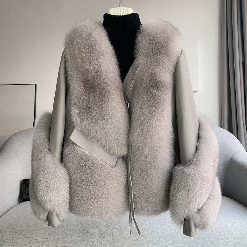 Women’s Short Shearling & Fox Fur Coat – Genuine Leather Outer With Luxe Fox Fur Lining, Elegant Winter Jacket For Fashi...