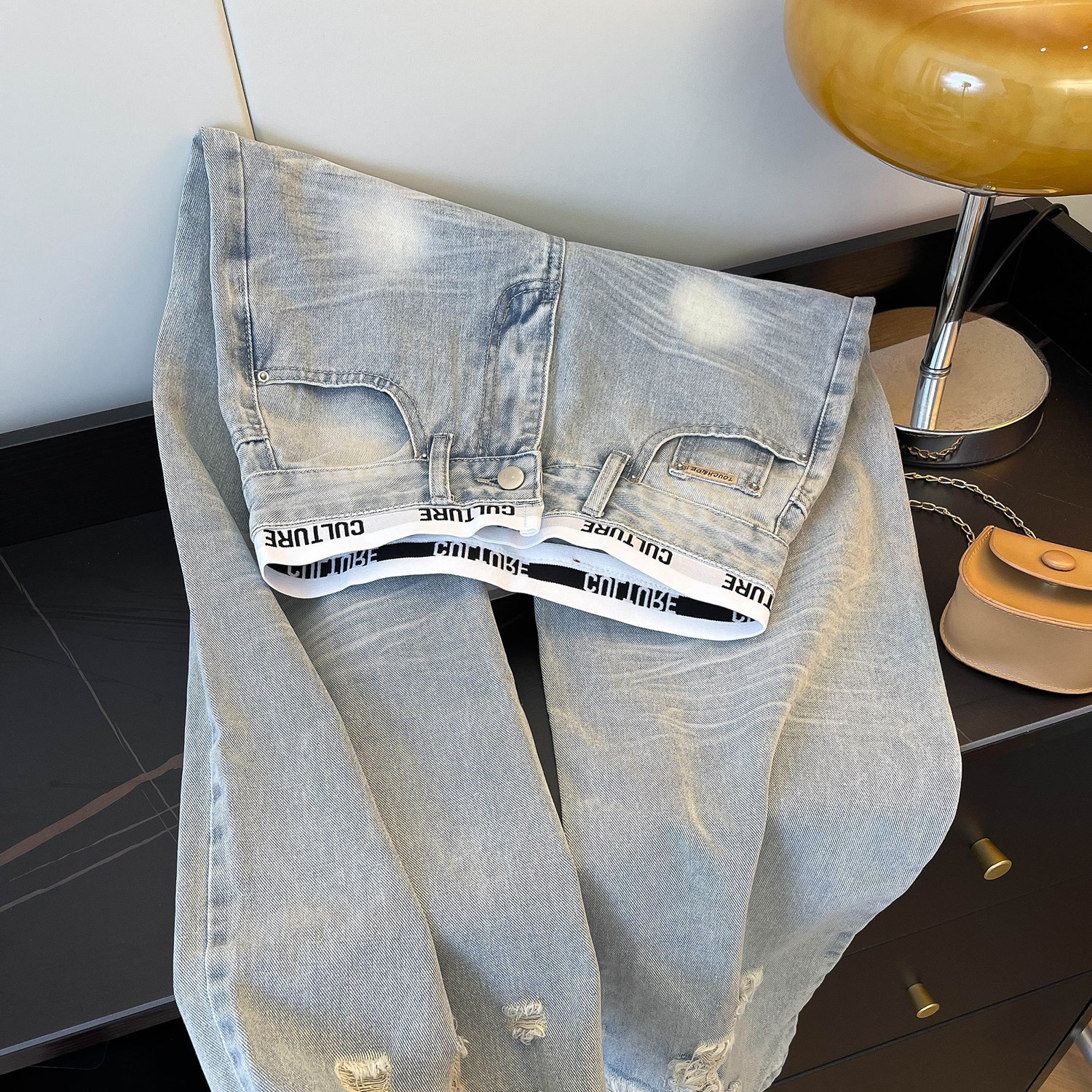 Women's Clothing Patchwork Distressed Jeans For Women, New Spring And Autumn Style, Light Blue, High Waisted, Slimming, Lo...