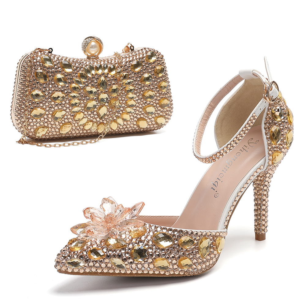 Women's Shoes sandals with stilettos and pointed toes, crystal glass flowers, champagne gold, banquet evening bag combinat...