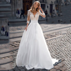 Women's Deep V Long Sleeve Temperament Slim Fit Lace Small Trailing Palace Style Wedding Dress - Damenbekleidung
