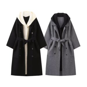 Women 2024 Fashion hooded bib two knitted pieces Coat Vintage Long Sleeve Female Outerwear Chic Overshirt - Damenbekleidung