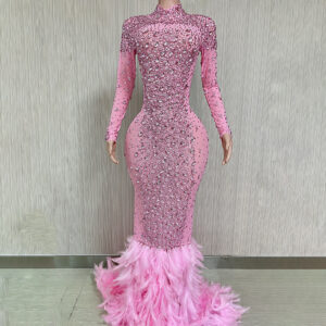 Women's luxury rhinestone mesh stitching feather floor-length dress party dress stage performance clothing - Damenbekleidung
