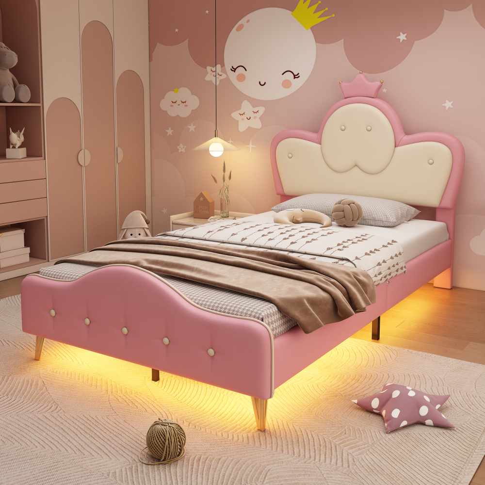 Polsterbett, Kinderbett, Mit Weichen Schutzkanten, LED-Streifen, Wellenform Mit Zugpunkt Am Kopfende Des Bettes, Einzelbet...