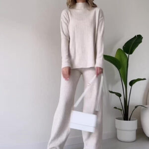 Women's Fashion Solid Color Casual Home Turtleneck Top With Wide Leg Trouser Suit - Damenbekleidung | Technik & Gadgets