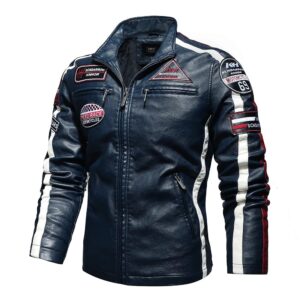 Men's Vintage Motorcycle Jacket Fashion New Biker Leather Jacket Male Embroidery Bomber Coat Winter Fleece Pu Overcoat - H...