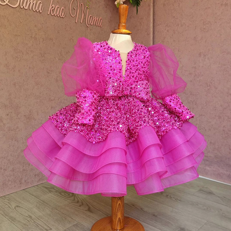 Kid's Clothing Princess dress for girls dress sequined mesh puff sleeves tutu skirt rose red dress children's performance ...