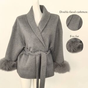 ​​Luxury Double-Faced Wool Coat With Real Fox Fur Cuffs – Short Winter Coat For Women, Lace-Up Design, Warm & Stylish - Da...