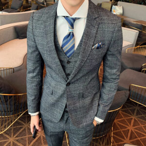 Men's three-piece suit youth plaid small suit suit autumn and winter handsome groom wedding dress business formal wear - H...