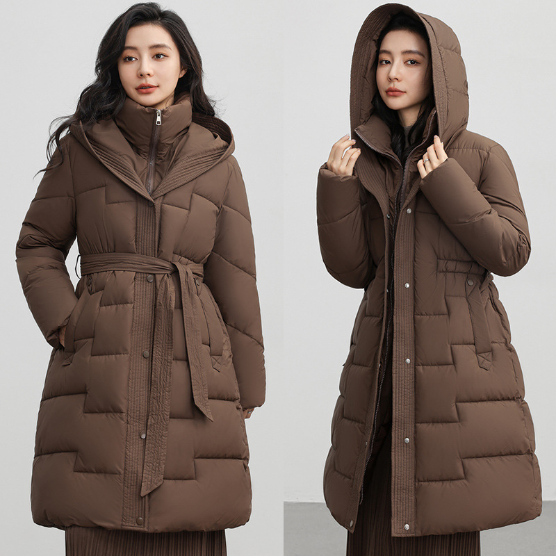 Women's Clothing Long Padded Coat With Waist Tie, Knee-Length Thickened Hooded Winter Jacket, Windproof Polyester Outerwea...