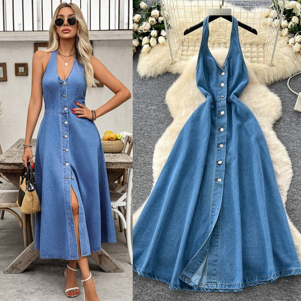 Women's French Style High End Denim Dress Halter Neck Sleeveless V Neck Single Breasted Sophisticated Long Suspender Dress...