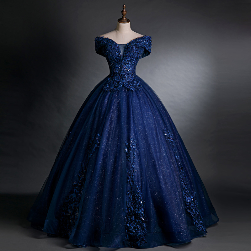 Women's Clothing Elegant Navy Blue Off-Shoulder Ball Gown For Vocal Performances & Auditions – Princess Silhouette Dress ...