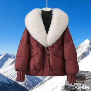 Women's Clothing Short Puffer Jacket With Fox Fur Collar - Cozy Winter Coat, Loose Fit, Zipper Closure, Polyester Blend, M...