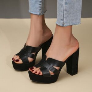 Woman Slippers 2024 Summer New Fashion Sexy Leather High Heel Slides Comfortable Fish Mouth Solid Simple Pumps - Schuhe