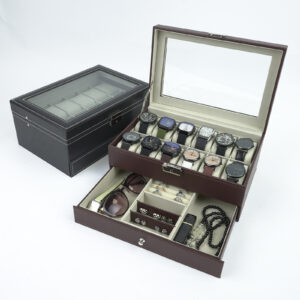 Gold Box Packaging PU Leather Double Layer 12 Compartment Watch Box Jewelry Storage Box High End Multifunctional Jewelry B...