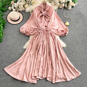Vintage French Style V-Neck Bow Tie Lantern Sleeve Dress With Tie-Dye Print & Flared Hem For Women - Damenbekleidung