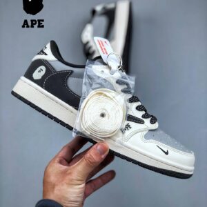 Travis Scott-Fragment Design BAPExN1KE Classic Retro Air-Jordan1 Low Low OG SP Bape-Co Branded Black, White, And Gray Stit...