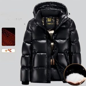 ​​Premium Black & Gold Down Jacket – 700FP White Goose Feather, Unisex Short-Length, Waterproof & Windproof (Black)​​ - He...