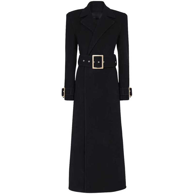 Elegant Long Wool Coat With Belt - Double Breasted Trench Coat For Women, Classic Checkered Pattern, Slim Fit Office Wear,...