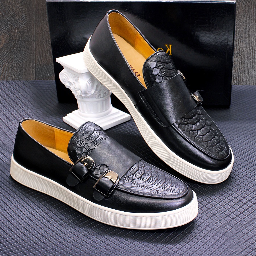 Men's Shoes Double Buckle Casual Leather Shoes Genuine Leather Loafers Men's Comfortable Flat Shoes Daily Versatile Slip O...