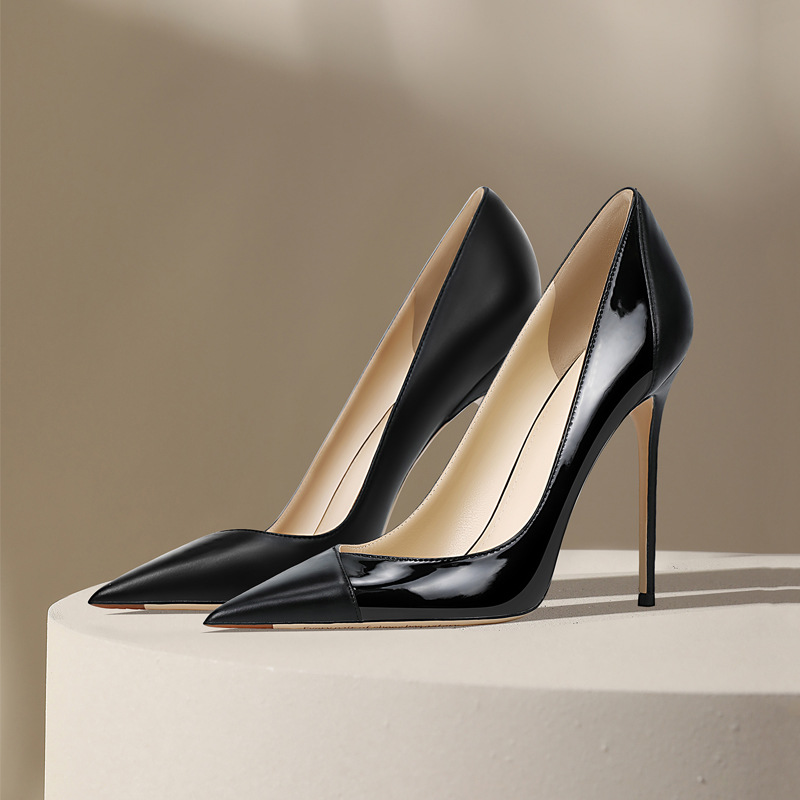 Black professional high heels, new spliced patent leather, pointed toe design, niche temperament, single shoes women's sho...