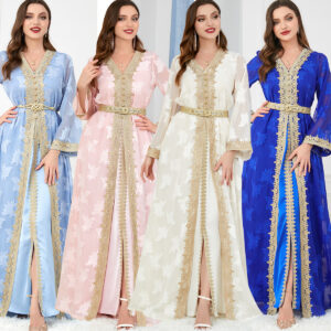 Christmas Thanksgiving Halloween Valentine's Day Arabic Clothing Abaya Women's V-neck Long Sleeved Two-piece Dress - Damen...