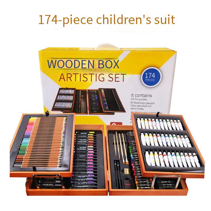 174-Piece Deluxe Wooden Art Set For Kids - Double-Layer Storage Box With Watercolor Markers, Painting & Drawing Supplies, Creative Doodle Toy Gift