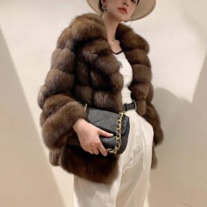 Luxury Faux Mink Coat With Starry Design - Short Winter Jacket For Women, Notched Collar, Elegant Faux Fur Coat In Chestnu...