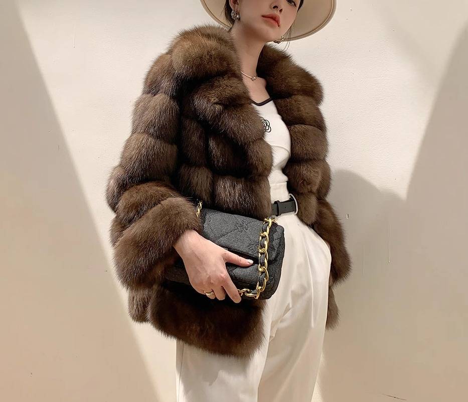 Luxury Faux Mink Coat With Starry Design - Short Winter Jacket For Women, Notched Collar, Elegant Faux Fur Coat In Chestnu...