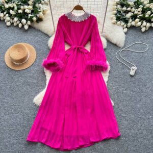 Women's Clothing Luxury Court-Style Bubble Sleeve Dress With Embroidered Detailing & Flowy A-Line Skirt – Elegant Long Dre...