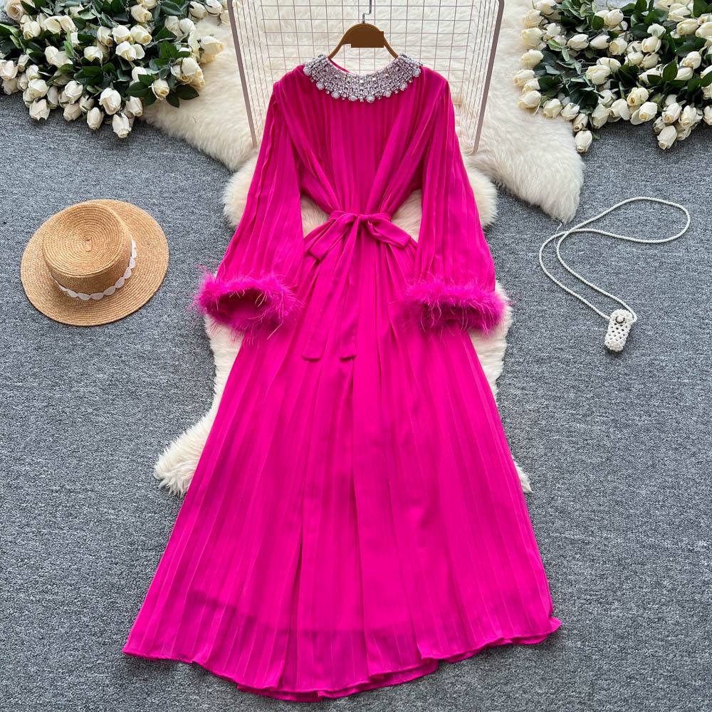 Women's Clothing Luxury Court-Style Bubble Sleeve Dress With Embroidered Detailing & Flowy A-Line Skirt – Elegant Long Dre...