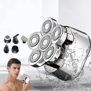6 In 1 Headshaver USB Groomer Waterproof Rotary Razor Foil Head Barber Beard Nose Hair Trimmer Electric Shaver For Men - K...