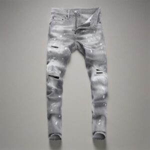 Men's Clothing Street Fashion Jeans Men's Light Gray Washed Hole Patch Paint Trendy Brand Elastic Tight Skinny Pants Men -...