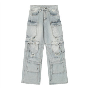 Functional multi-pocket cargo jeans for men, trendy punk washed holes, niche loose straight wide-leg trousers - Herrenbekl...