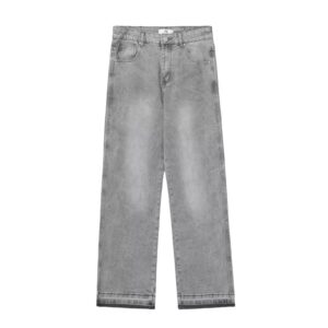 Men's Clothing American Style Washed Light Grey Distressed Solid Color Jeans For Men And Women With Raw Hem Basic Straight...