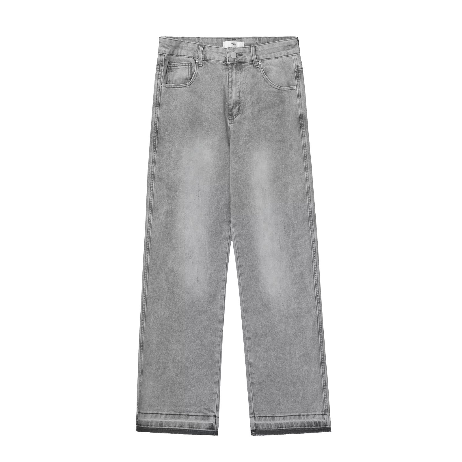 Men's Clothing American Style Washed Light Grey Distressed Solid Color Jeans For Men And Women With Raw Hem Basic Straight...