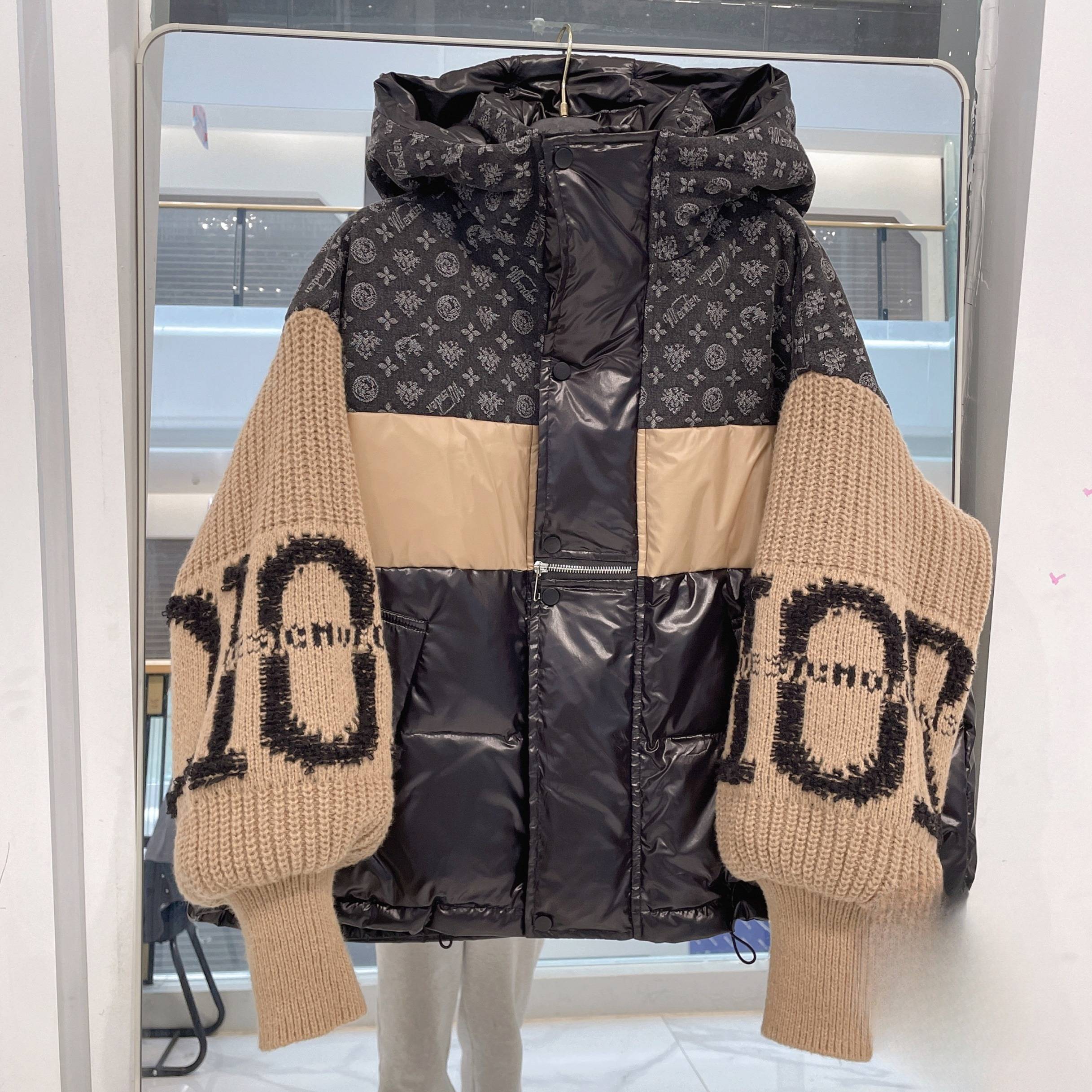 Women's Clothing New Fashion Brand Denim Splicing Hooded Down Jacket Women's Knitted Sleeves Letter Flower Thick White Duc...