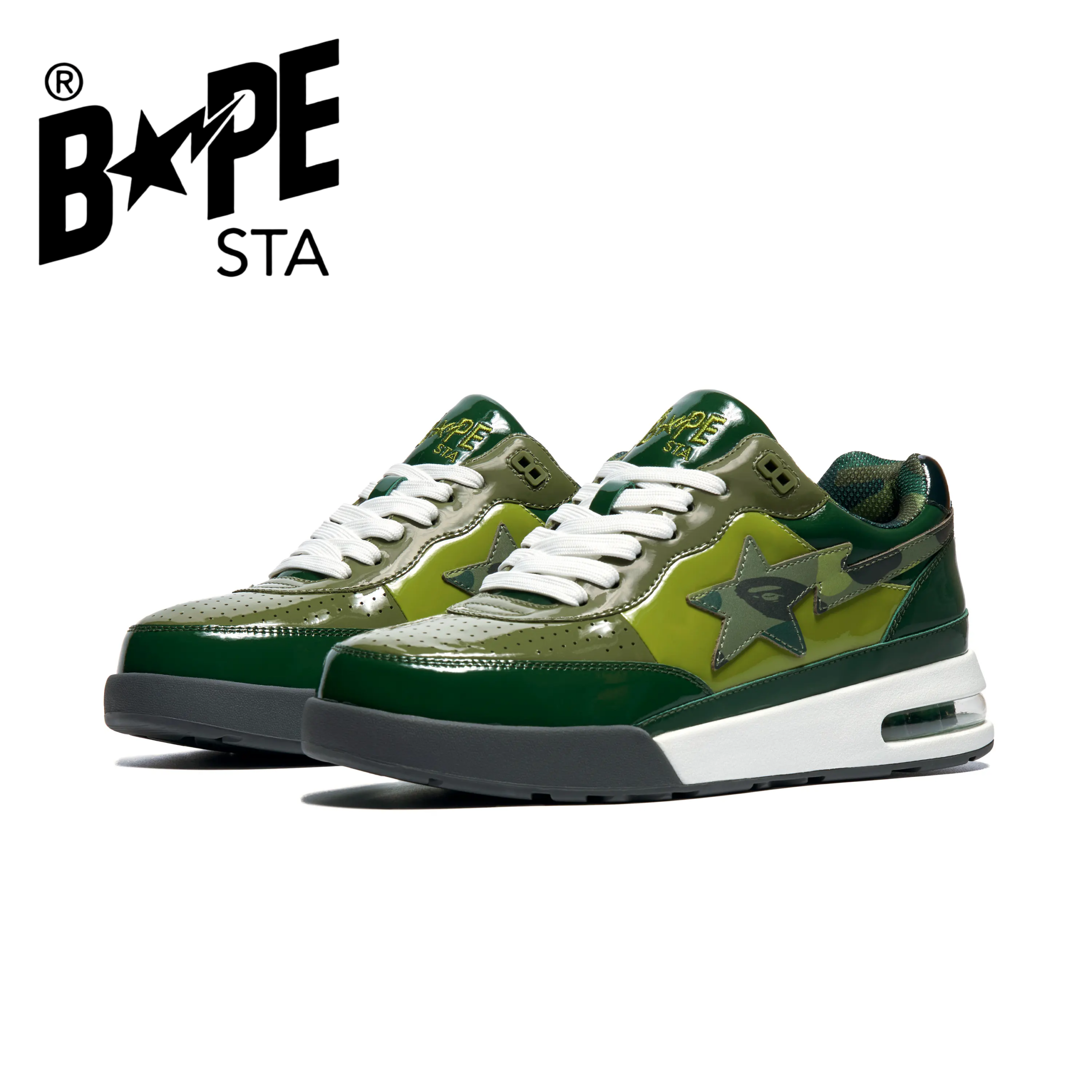 A BATHONG APE Bape ROAD STA Patent Leather Trendy Casual Low Cut Fashionable Board Shoes Blackish Green Air Max Men And Wo...