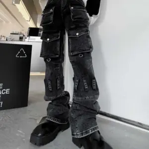 Men's IEFB Men Trousers 2022 Autumn Solid Color Multi Pocket Metal Buckle Decoration Jeans Darkwear Male Cargo Pants - Her...