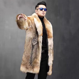 Men’s Clothing Men’s Long Faux Wolf Fur Coat – Fashionable Business Overcoat With Notched Lapel & Thickened Lining (Tri-Color Jacquard, S-XXXL)​