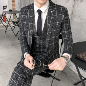 OBCY2 Men's Set Three-Piece Plaid Professional Slim Fit Small Groomsman Outfit Bridegroom Suit Formal Wear - Herrenbekleidung