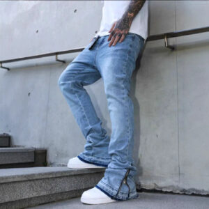​​Men's Light Blue Relaxed Fit Bootcut Jeans – Vintage Washed, Comfort Stretch, Retro Cat Whisker, Wide Leg Casual Pants (...