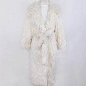 Luxury Vegan Shearling Coat – Belted Longline Faux Fur Blazer With Notched Lapel, Plus Size Women’s Winter Coat - Damenbek...
