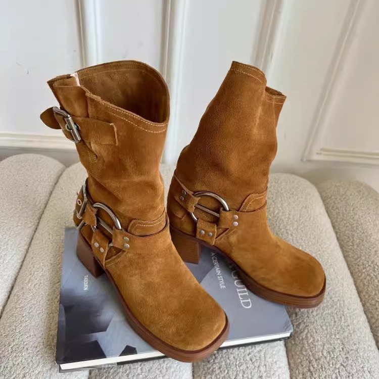 Matte Cowhide Western Cowboy Women's Genuine Leather Thick Heeled Short Boots, Square Toe Brown High Heels, - Schuhe