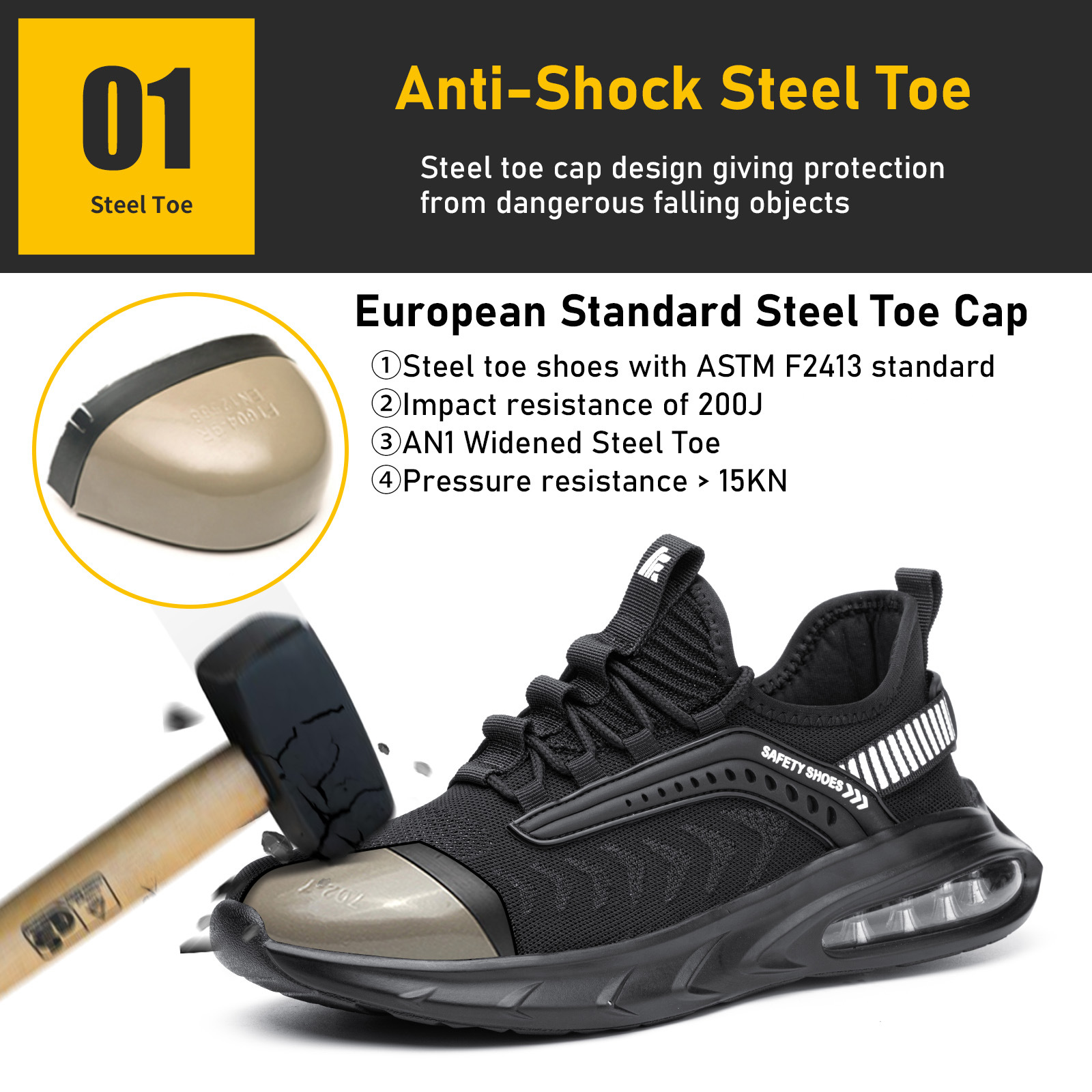 Men Special Work Shoes Anti-Smash Anti-Puncture Safety Air Cushion PU Sole Certified Steel Toe Protective Casual Wear-Resi...